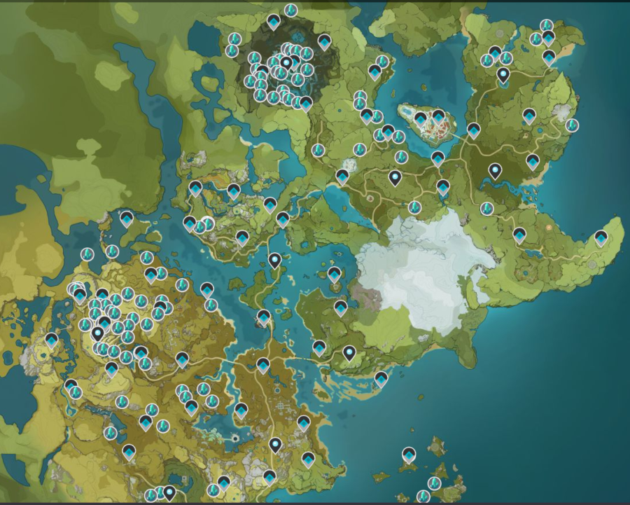 Une capture d'écran de la carte de Genshin Impact montrant les emplacements des Crystal Chunks