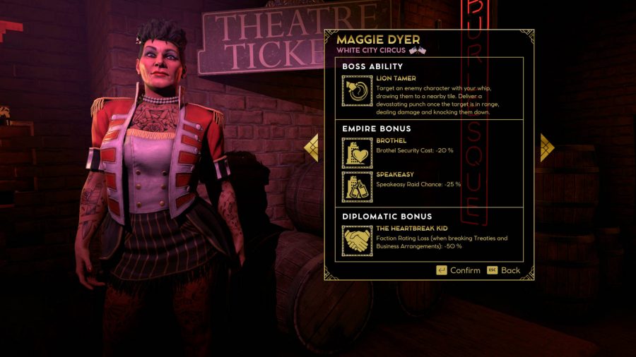 Voici Maggie Dyer, chef du gang White City Circus. Elle est fortement tatouée, porte une version maigre de la tenue d'un chef de cirque et ses avantages sont affichés à sa droite. Capture d'écran de la version PC.