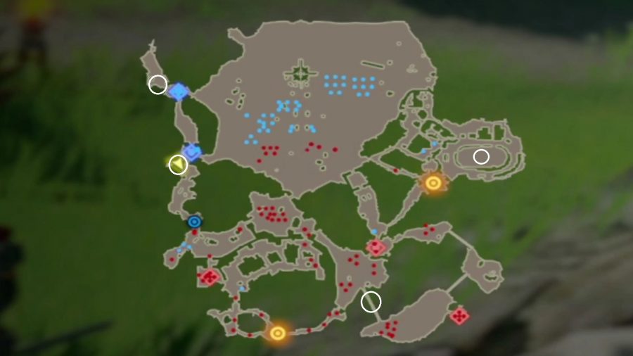 Les emplacements de Korok Seed sont encerclés sur la carte pour la bataille des champs d'Hyrule