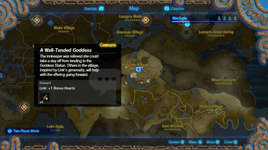 Carte montrant une quête terminée. La récompense d'un cœur bonus pour Link et quelques lucioles a déjà été décernée.