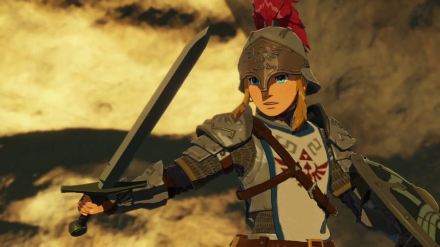 Link debout prêt, l'épée à la main et portant un casque.