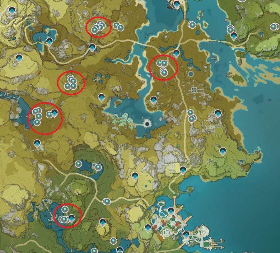 Une capture d'écran de la carte de Genshin Impact pour l'emplacement où trouver la colonne luminescente