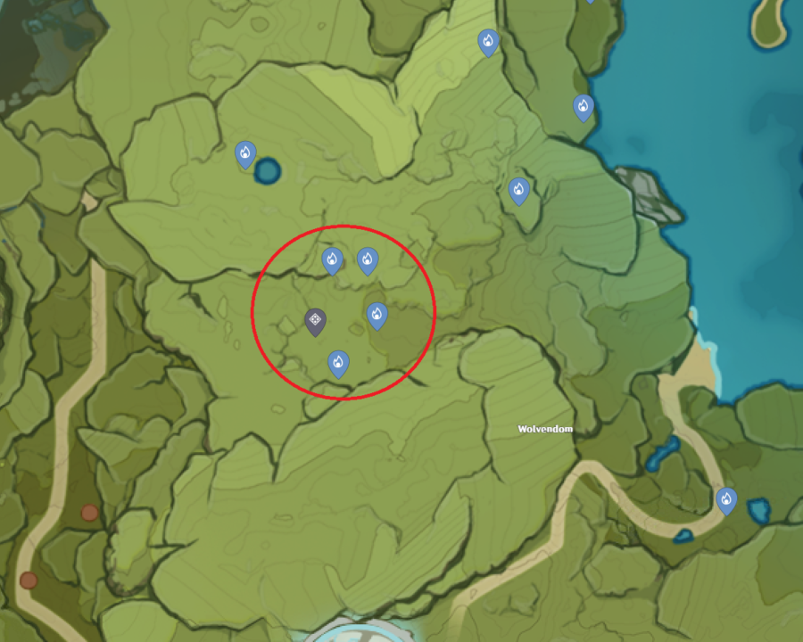 Une photo de la carte des impacts de Genshin montrant l'emplacement du jardin Cecilia et l'emplacement des Seelies pour résoudre le puzzle