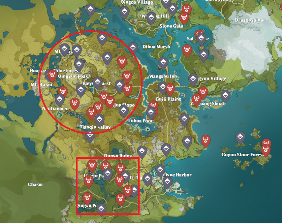 Une image de la carte de Genshin Impact, montrant les emplacements des Abyss Mages pour obtenir les matériaux de Dead Ley Line