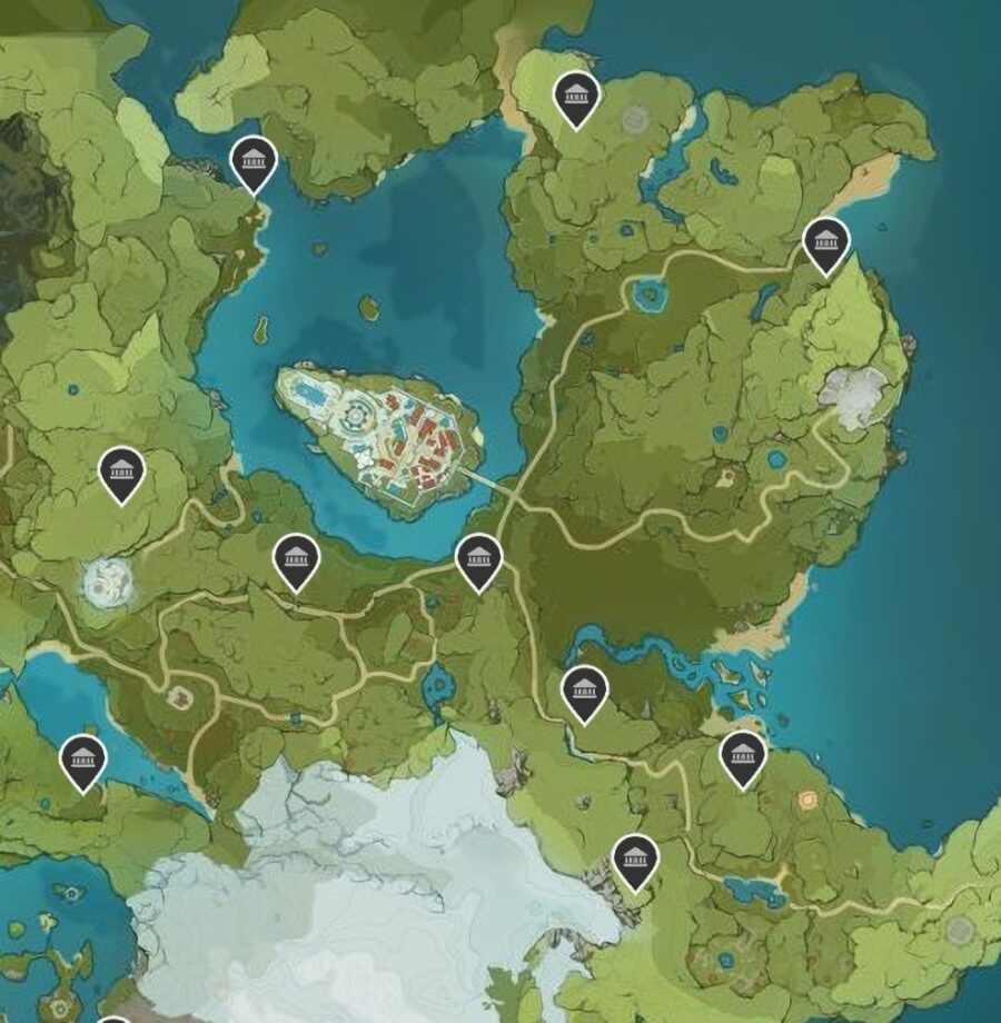 Une capture d'écran de la carte à Genshin Impact montrant les emplacements du sanctuaire des profondeurs à Mondstadt