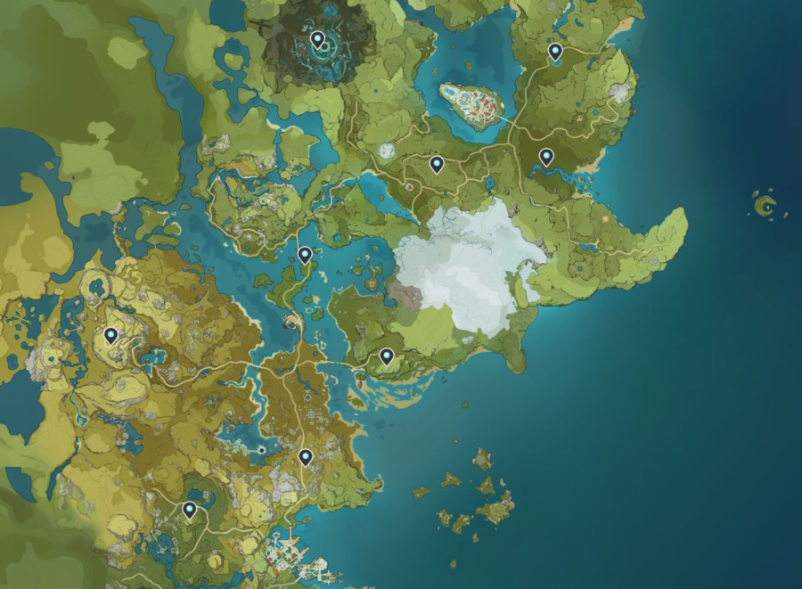 Une capture d'écran de la carte dans Genshin Impact, montrant les couches des Statues des Sept.