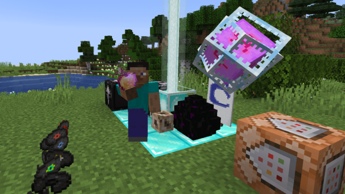 Minecraft Steve with all the rare items on display.