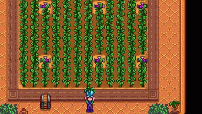 A character in front of an Ancient Fruit Farm in Stardew Valley.