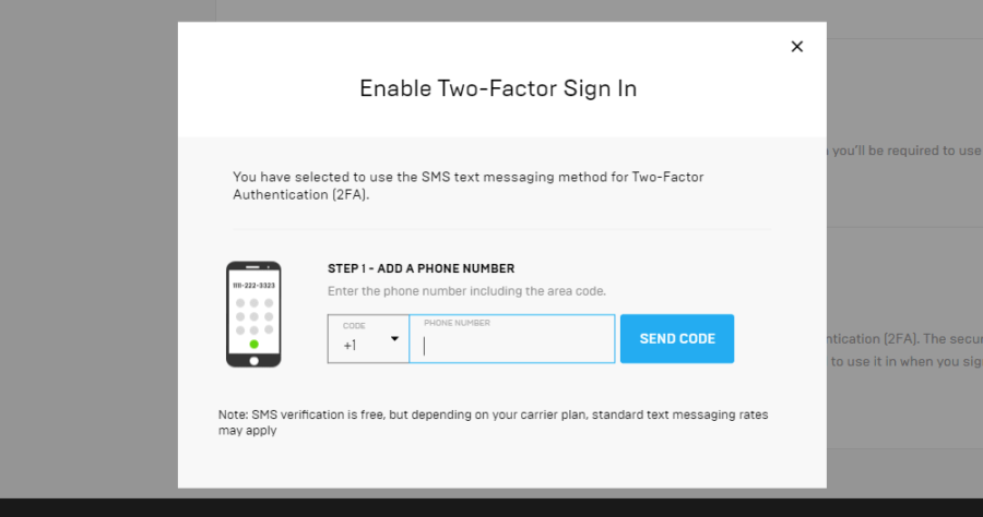 Capture d'écran de l'authentification pour ajouter un numéro de téléphone.