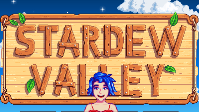 Emily in front of the Stardew Valley Loading screen.