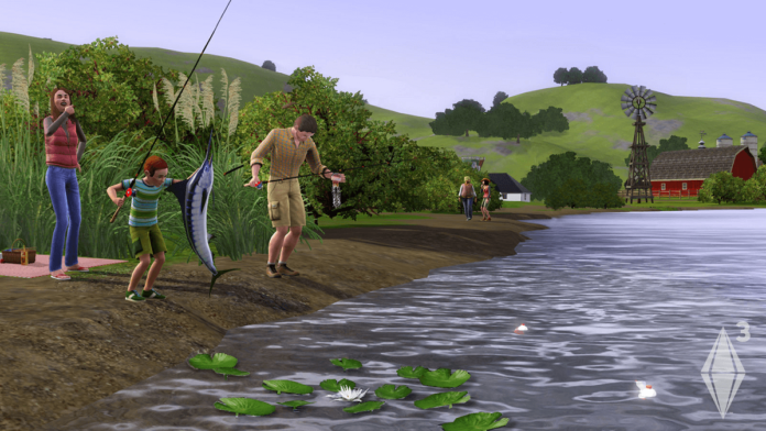 A Sims 3 Screenshot of Sims fishing.