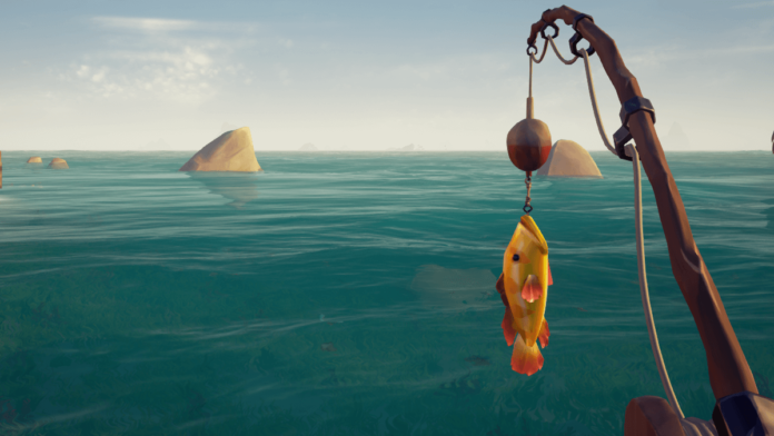 A fish hanging from a fishing line in Sea of Thieves.