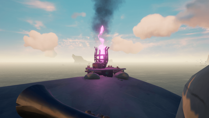A screenshot of a purple beacon in Sea of Thieves.
