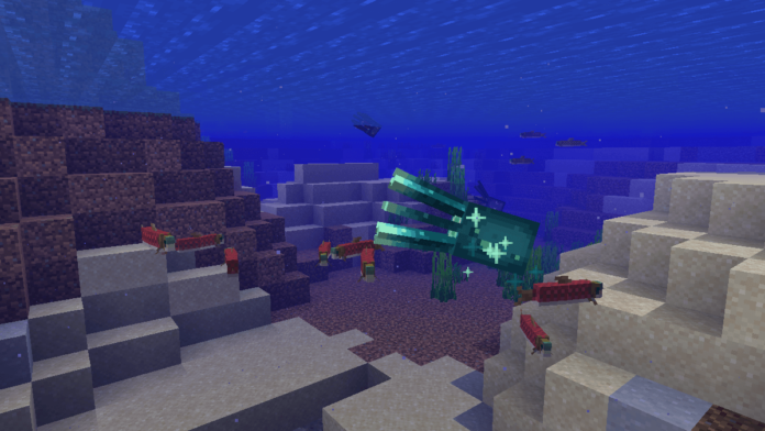 A screenshot of a glowing squid with fish in Minecraft.