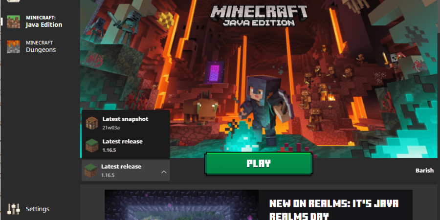 Une capture d'écran du menu d'accueil de Minecraft avec la sélection de version ouverte.