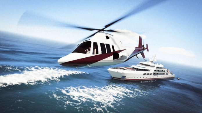 A helicopter flying with a boat in the background in GTA V.