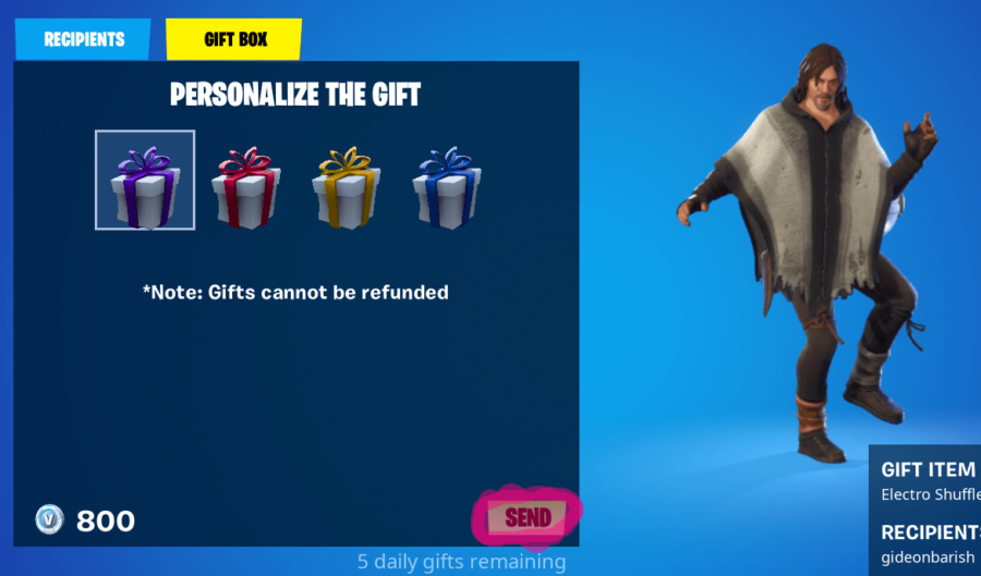 L'écran d'envoi de cadeaux dans Fortnite.