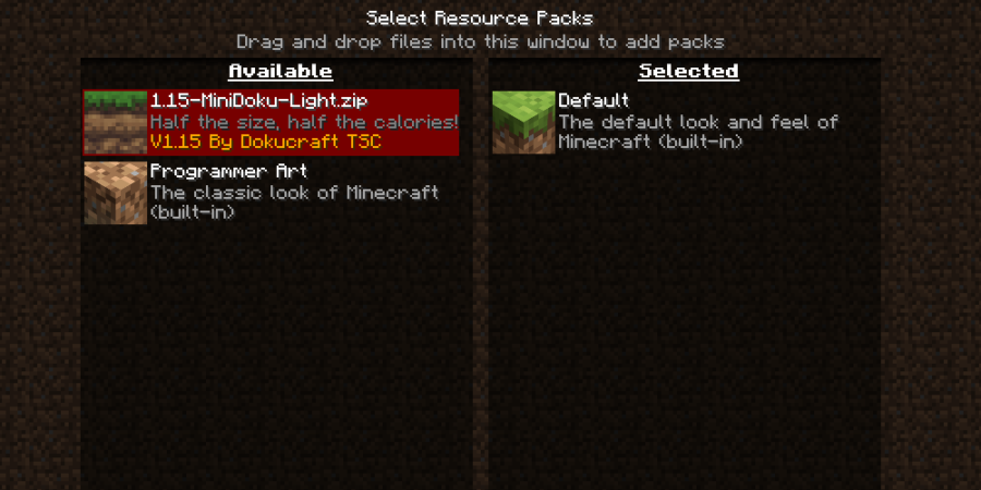 L'écran du pack de ressources Minecraft.