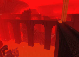 A Minecraft Nether Fortress lit up by Night Vision.