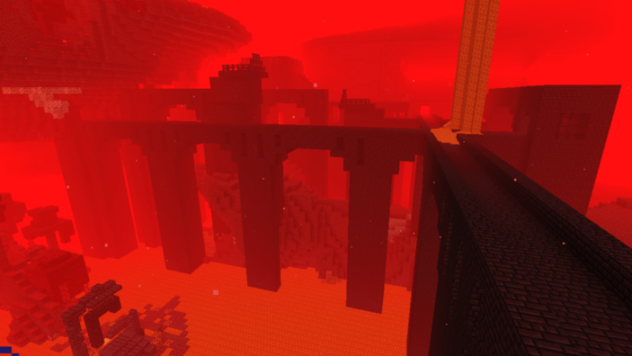 A Minecraft Nether Fortress lit up by Night Vision.