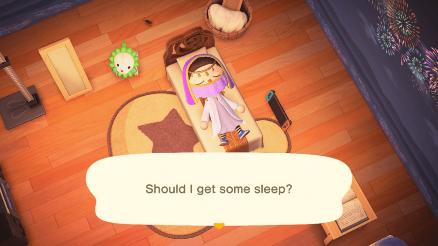Un personnage incité à dormir dans Animal Crossing.