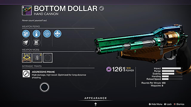 Destiny 2 Bottom Dollar: Comment obtenir et cultiver le canon à main légendaire
