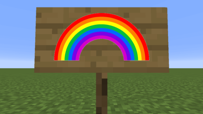 A rainbow on a Minecraft sign.