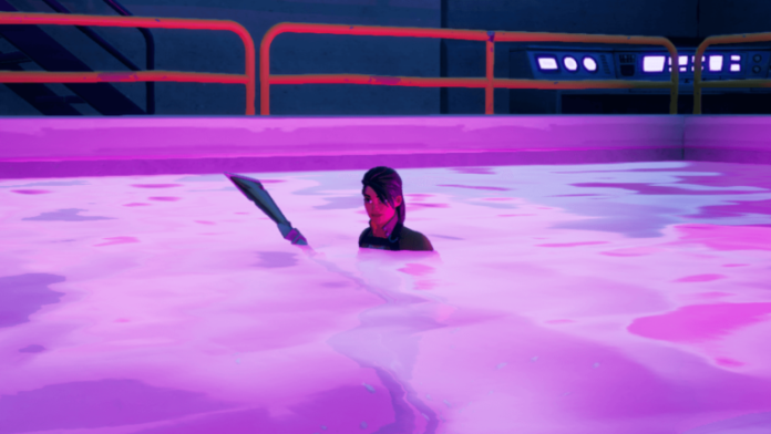 A Fortnite Character going for a swim in the Purple Pool.
