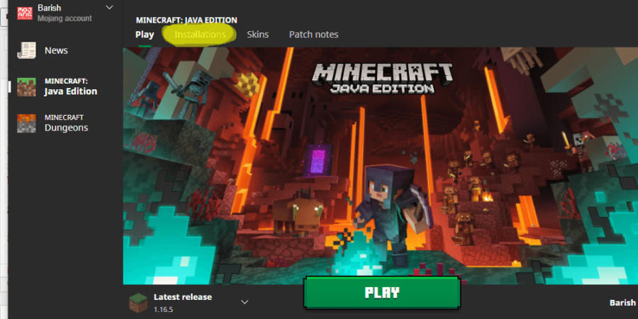 Une capture d'écran de la page de titre Minecraft avec les installations en surbrillance.