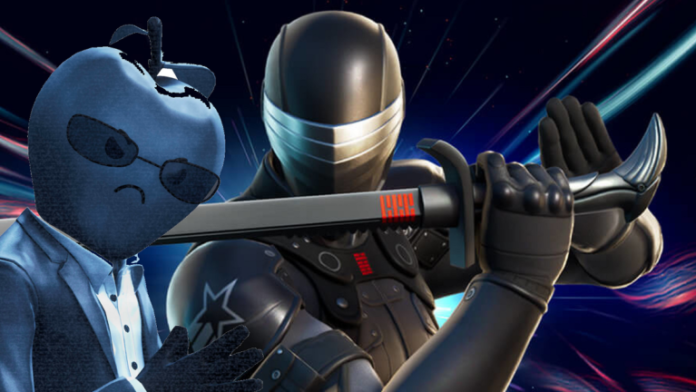The Fortnite apple-head character with Snake Eyes in the background.