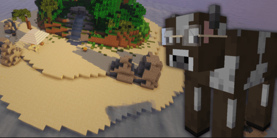 Une vache Minecraft avec des lunettes devant une île.