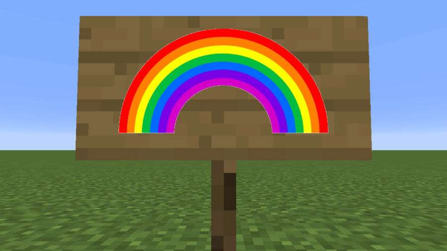 Un arc-en-ciel sur un signe de Minecraft.