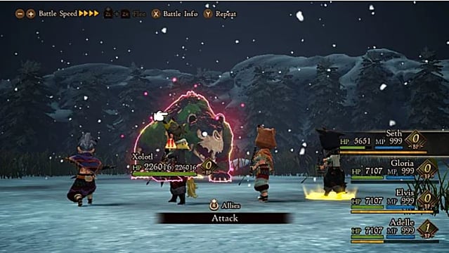 Groupe de quatre héros combattant le boss Xolotl.