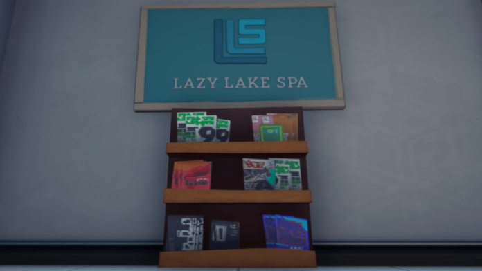 The magazine stand at Lazy Lake Spa in Fortnite.