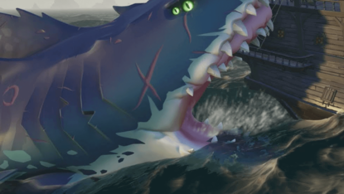 A Megalodon biting a ship in Sea of Thieves.