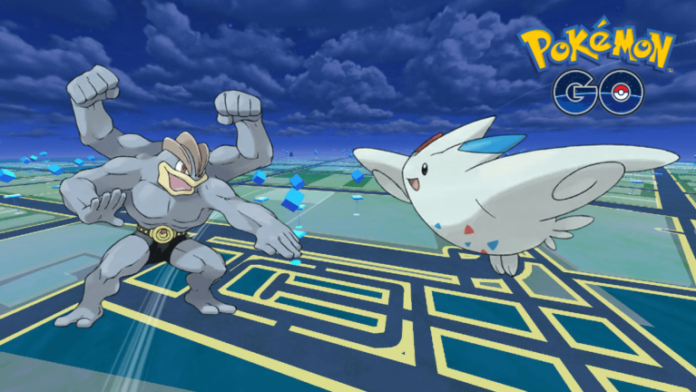 A Machamp and Togekiss on a Pokemon Go Background.