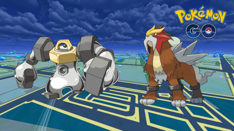 Entei and Melmetal on a Pokemon Go Background.