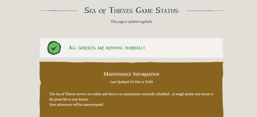 La page d'état du serveur Sea of ​​Thieves.