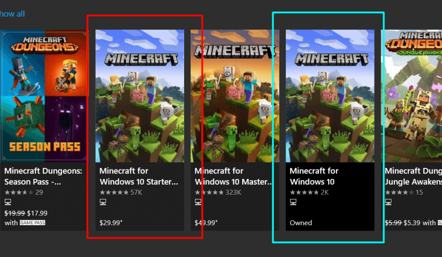 Minecraft pour Windows 10 dans Windows App Store.