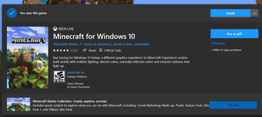 Le bouton Installer pour Minecraft Windows 10.