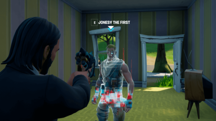 Talking to Jonesy the First in Fortnite.