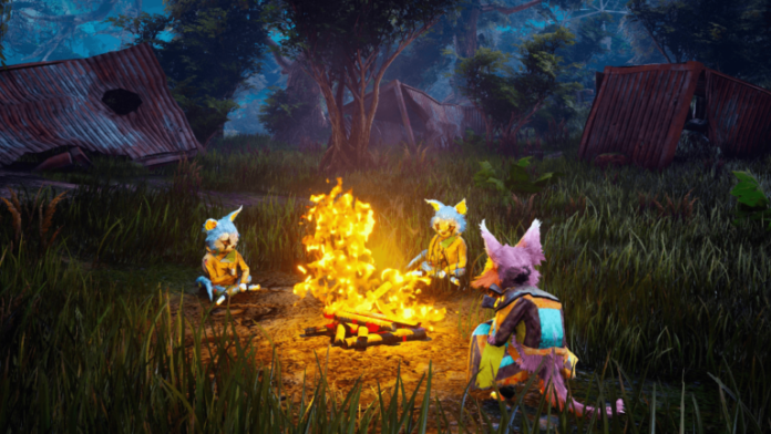 Biomutant Characters around a campfire.