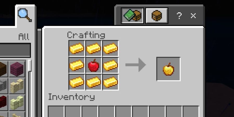 Recette d'artisanat de pomme d'or dans Minecraft.