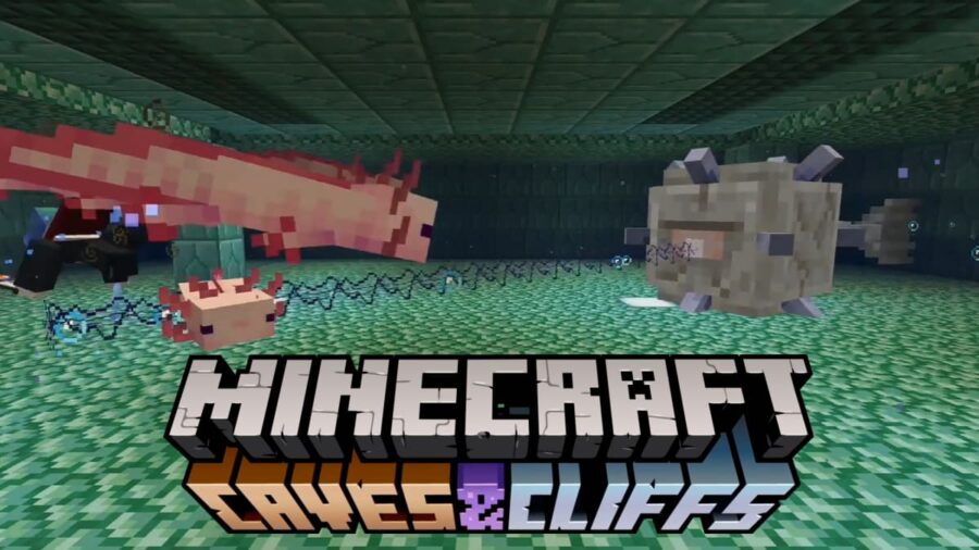 Minecraft Caves and Cliffs avec des axolotls combattant les gardiens.