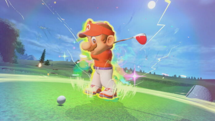 Mario doing a Super Strike in Mario Golf Super Rush.