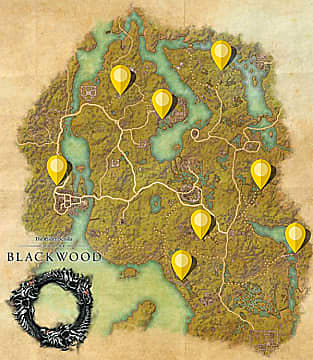 Elder Scrolls Online : carte Blackwood avec des marqueurs jaunes indiquant les emplacements des éclats célestes des donjons.