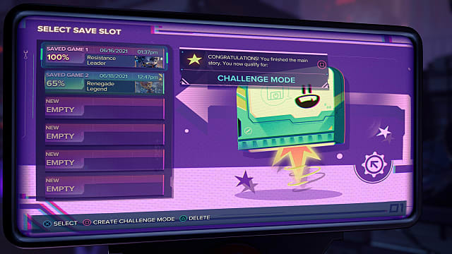 L'écran violet du mode défi du menu de sauvegarde de l'emplacement. 