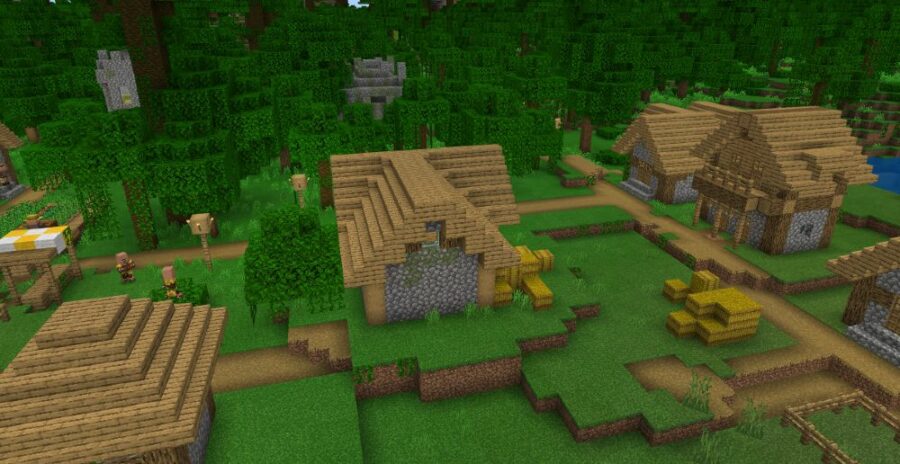 Un village près d'un temple de la jungle dans minecraft.