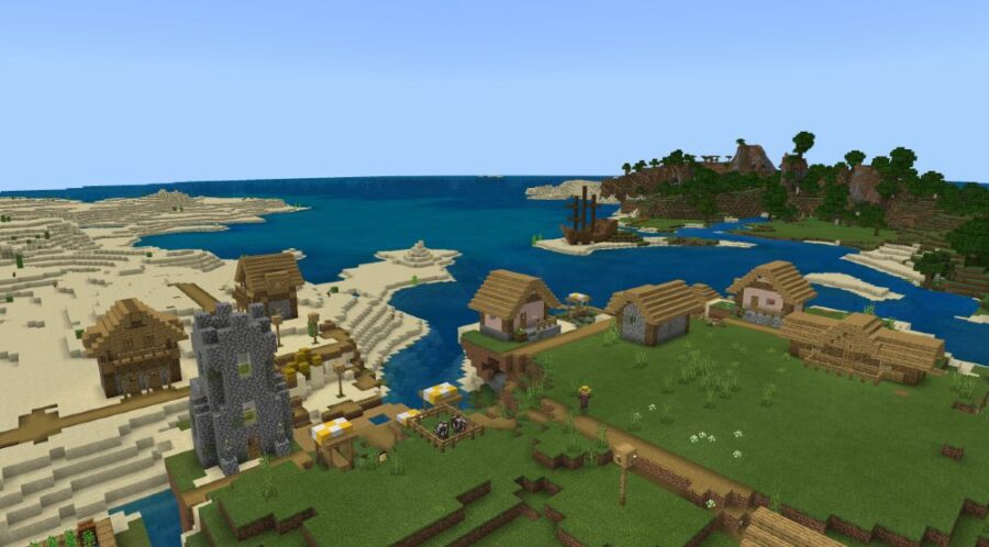 Un village près d'un naufrage dans Minecraft.