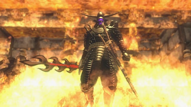 Doku en armure noire tenant une épée en forme de flamme debout devant un feu.